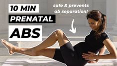 a woman in black dress sitting on steps with her legs crossed and the words, 10 min prenatal abs