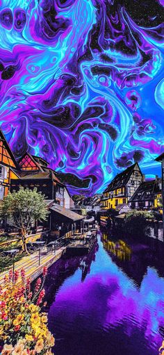 the sky is filled with purple and blue swirls as it moves over houses along a river