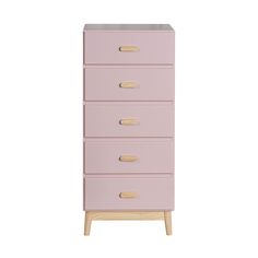 a pink chest of drawers with gold handles on the top and bottom, against a white background