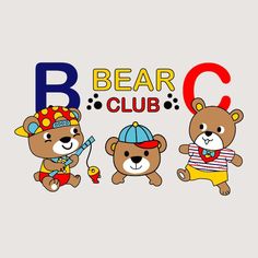 three teddy bears are standing next to each other with the letter c in front of them