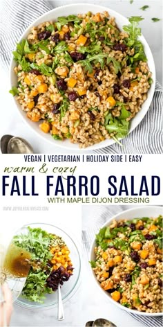 a bowl filled with salad next to another bowl full of salad and the words vegan vegetarian holiday side i easy fall farro salad