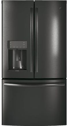 a black refrigerator freezer with water dispenser on the front and door