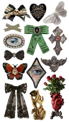 many different types of bows and brooches are arranged in the shape of hearts