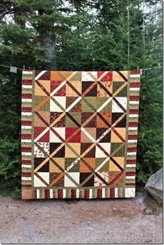 a patchwork quilt is hanging on a clothes line in front of some pine trees