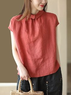 Details: Gender: Women Item Type: Blouse Material: Linen Pattern Type: Solid Season: Summer Style: Leisure, Daily, Retro Occasion: Going Out, Daily Size: One Size Length: 54.00 - 58.00 cm/ 21.26 - 22.83 " Bust: 108.00 cm/ 42.52 " Cuff: 34.00 cm/ 13.39 " Hem: 116.00 cm/ 45.67 " Spring Linen Tops With Collar, Relaxed Fit Blouse With Collar, Casual Linen Top With Collar, Solid Collared Linen Tops, Collared Linen Tops, Solid Linen Collared Top, Red Linen Tops With Relaxed Fit, Red Linen Relaxed Fit Top, Red Linen Top With Relaxed Fit