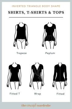 the concept wardrobe | A selection of great shirts, T-shirts, and tops for the inverted triangle body shape. Tops that flare from the hips work best for this body shape. The Concept Wardrobe Inverted Triangle, Tops For Triangle Body Shape, What To Wear Inverted Triangle Shape, Introverted Triangle Outfits, Inverted Triangle Shirts, Clothing For Inverted Triangle Body Type, Triangle Figure Outfits, Best Tops For Broad Shoulders