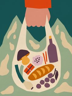 an illustration of a person holding a bag with food and wine on it in front of mountains