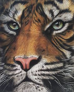 a painting of a tiger's face with green eyes