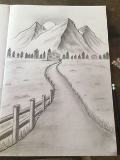 a pencil drawing of a country road with mountains in the background