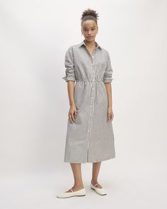 Meet the Supima® Cotton Long-Sleeve Shirt Dress. This piece features a relaxed fit with self-fabric drawcord at waist for easy adjustability, midi length, classic collar, on seam pockets, and long sleeves in Supima® cotton. Cotton Long Sleeve Shirt, Midi Shirt Dress, Puffed Sleeves Dress, White Shirt Dress, Supima Cotton, Long Sleeve Shirt Dress, Tee Dress, Tank Dress, Vintage Tees