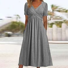 Olivia Mark - Short-Sleeve Monochrome Maxi Dress Beach Dresses Summer Casual, Dresses Summer Casual, Neckline Pattern, Cotton Long Dress, Beach Dresses Summer, Elegant Maxi Dress, Breezy Dress, Special Dresses, Midi Short Sleeve Dress