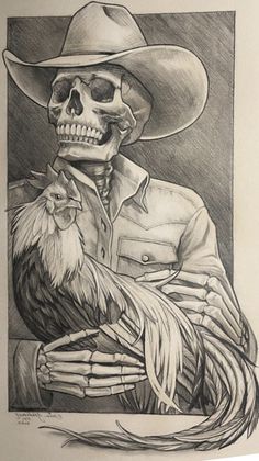 a drawing of a skeleton in a cowboy hat holding a rooster with his arms wrapped around him