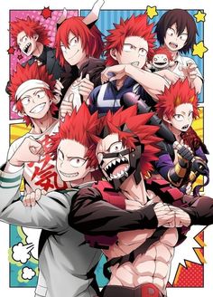 an anime character with red hair and other characters