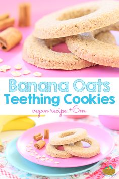 banana oats teeth and cookies on pink plates with cinnamon sticks in the background for text