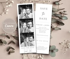 the save the date card is next to some flowers