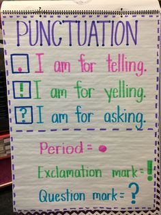 a sign that says punctuation i am for telling and i am for asking