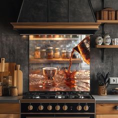 a stove top oven sitting inside of a kitchen next to wooden cabinets and counter tops