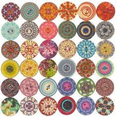 an assortment of different colored plates with designs on them, all in various sizes and shapes