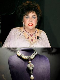 the woman is wearing a necklace with pearls on it and an image of a mannequin