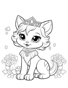 a cute little kitten wearing a tiara and sitting in front of roses with flowers around it