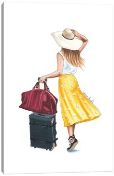 a painting of a woman carrying two suitcases and a handbag with her hat on