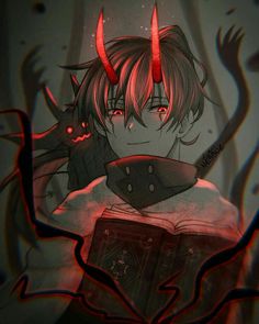 an anime character with horns on his head and holding a book in front of him