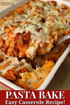 pasta bake easy casserole recipe in a white dish with a serving spoon