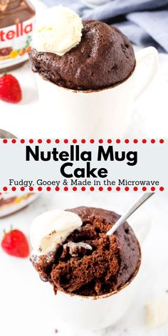 two mugs filled with nutella mud cake and ice cream on top of each other