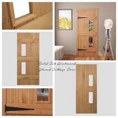 four different views of a wooden door with glass inserts and side panels, including the interior