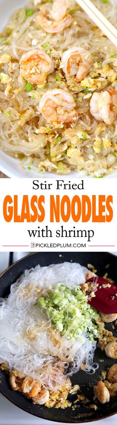 shrimp noodle soup in a skillet with chopsticks and text overlay that reads stir fried glass noodles with shrimp