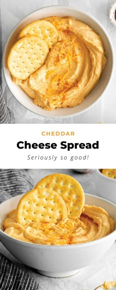 cheese spread in a bowl with crackers on the side and another plate full of crackers