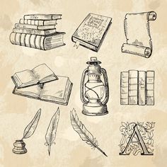 hand drawn books and quill set on old paper background - miscellaneous objects / arts & crafts