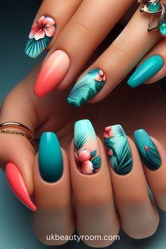 Summer Nail Art Designs 2024, Tropical Nails Design, Luau Nails, Spirit Nails, Hawaiian Nails, Nail Inspired, Vacation Nails Beach, Sunflower Nail Art, Chrome Designs