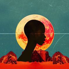 the silhouette of a woman in front of a full moon and desert landscape with mountains