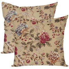 two pillows with floral designs on them, one is beige and the other is red