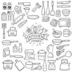 the kitchen utensils are drawn in black and white