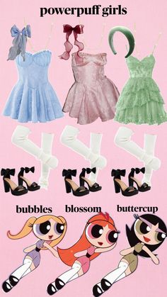 the powerpuff girls characters are depicted in different styles and sizes, including dresses