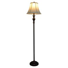 a floor lamp with a white shade on the top and bottom part of it's arm