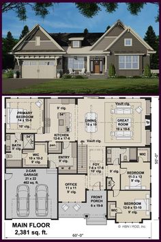 two story house plans with three car garages on each floor and an attached living area