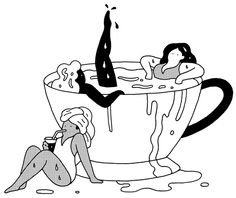 a woman sitting in a coffee cup with her feet on the ground next to another woman