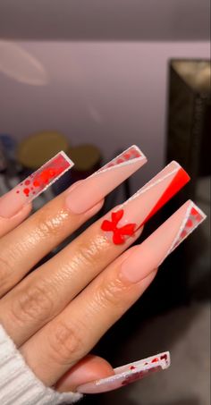 February March Nails, Baddie Nails White, Red Baddie Nails Acrylic, Fancy Red Nails, Baddie Simple Nails, Cute Red Nail Ideas, White Bling Acrylic Nails, Baddie Almond Nails, Baddie Bling Nails