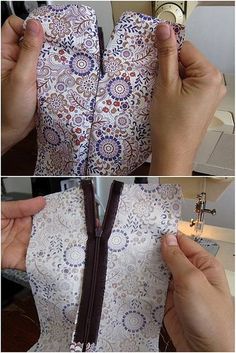 two pictures show how to sew a dress with zippers and buttons on the front