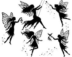 the silhouettes of four fairy tinkerbells