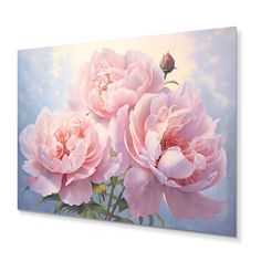 three pink flowers on a blue background with clouds in the sky behind them canvas wall art print