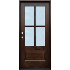 Pre-Hung Prefinished Mahogany Espresso Single Door. Includes frame, hinges, weatherstripping, sweep, and threshold. Pre-Hung in 4-9/16 Matching Jambs. Actual Size: 37-3/4 x 81-1/2. Rough Opening Size: 38-1/4 x 82. 4-Lite Insulated Clear Beveled Glass. Double-bored with 2-3/8 backset. Right Hand Inswing. Engineered Stiles and Rails to resist warping and splitting for increased durability. Greatview Doors 36-in x 80-in x 4-9/16-in Wood 3/4 Lite Right-Hand Inswing Mahogany Stained Prehung Front Door Solid Core in Brown | PME574SGL30R Mediterranean Front Doors, Mahogany Front Door, Single Front Door, Mahogany Doors, Mahogany Stain, Storm Door, Solid Core, Wood Door, Single Doors