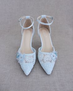 Crochet Lace Wedding Shoes Collection. Vintage inspired pointed toe crochet lace with added 3D flower appliques. The perfect shoe for a spring or summer wedding, bridesmaids, bridal parties, or evening heels. The light blue color can easily be your something blue. DETAILS: HEELS: 3 inches UPPER: Synthetic upper and lining MATERIALS: Manmade outsole ORIGIN: Imported Summer Wedding Bridesmaids, Shoes For 2023, Shoes For The Bride, Shoes Editorial, Wedding Shoes Low Heel, Evening Heels, Flower Girl Shoes, Blue Wedding Shoes, Bridal Flats