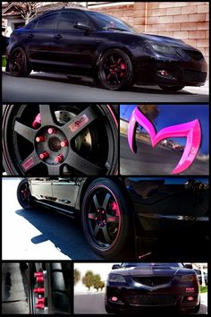 four different pictures of cars with pink and black rims