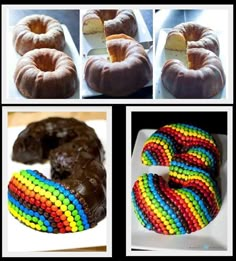 there are four different types of donuts on the same plate and one is decorated in rainbow colors