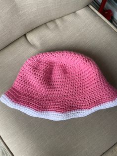 "Pink crochet bucket hat for adults. Measures 21-22\".  Pattern credit: https://yarnwars.com/crochet-bucket-hat-pattern-back-to-the-sixties-we-go/" Parfait Aesthetic, Bucket Hat Crochet, Pink Bucket Hat, Bucket Hat Pattern, Hippie Clothing, Crochet Bucket, Crochet Bucket Hat, Pink Crochet, Hat Crochet