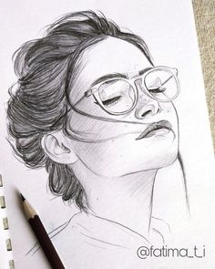 a pencil drawing of a woman with glasses